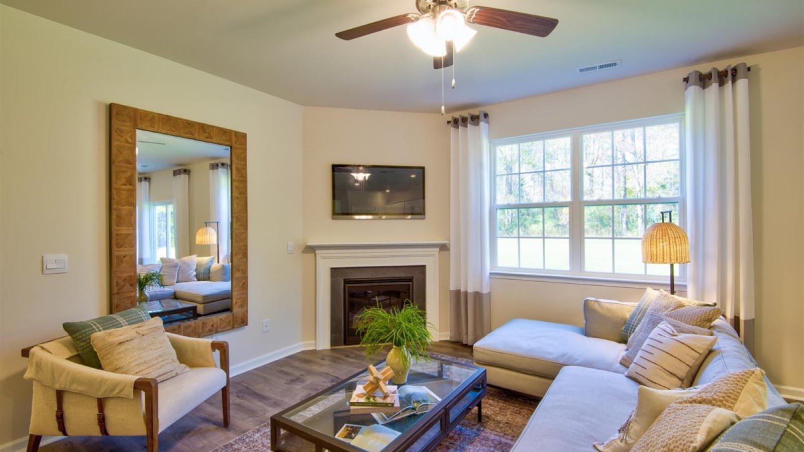 Open-concept living room with fireplace