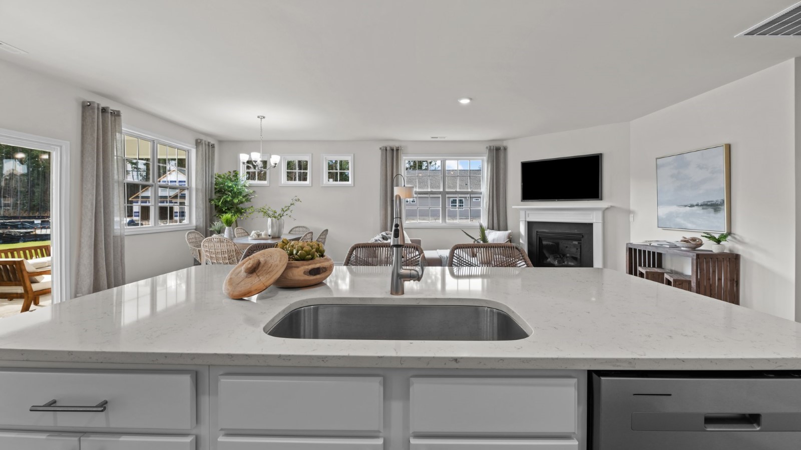 open concept living kitchen and dining area