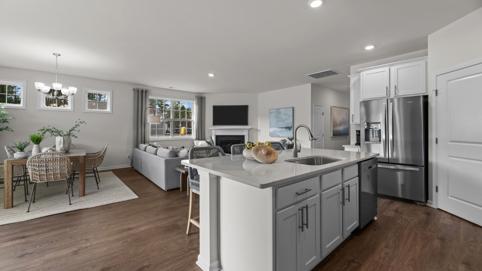 open concept living kitchen and dining space