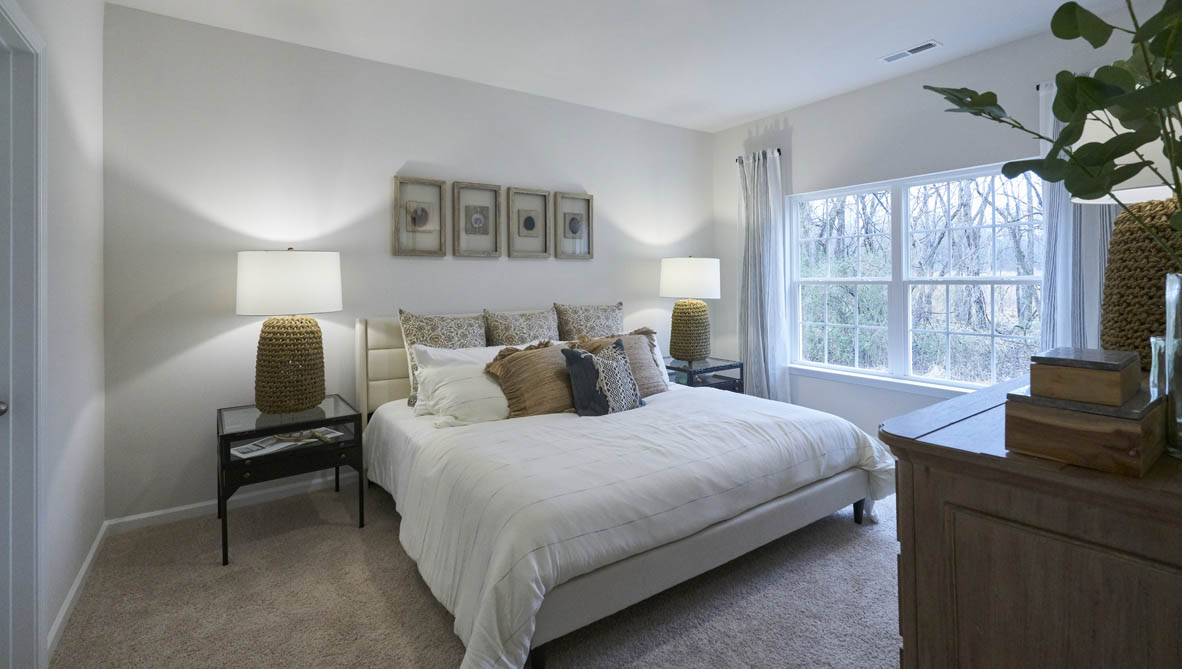 bedroom with beige carpet, white walls and a window