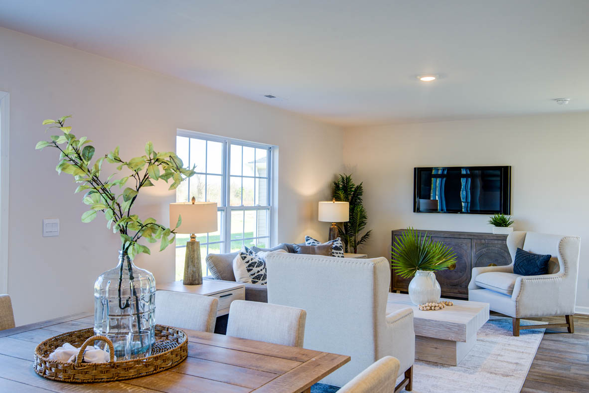 Spacious living room with brown flooring, white walls and windows