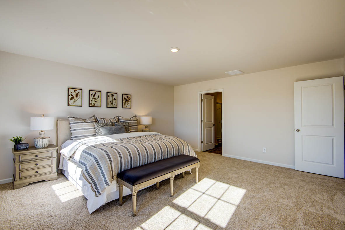 bedroom with beige carpet, beige walls and a window