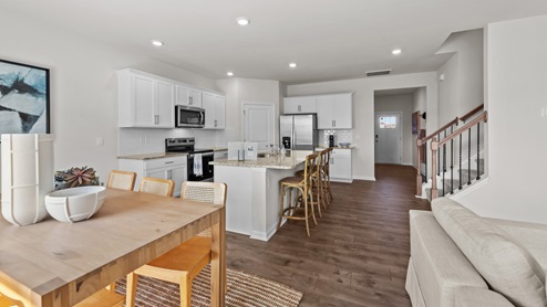 Dining area with revwood flooring