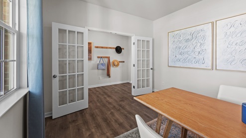Office with double hung french doors