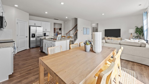 Dining area with revwood flooring
