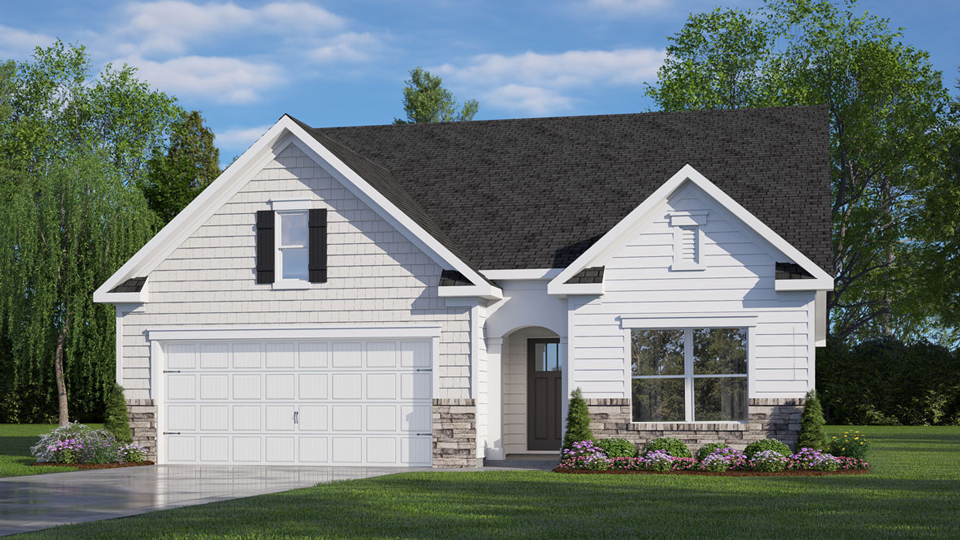 front exterior of a one story home with a two car garage