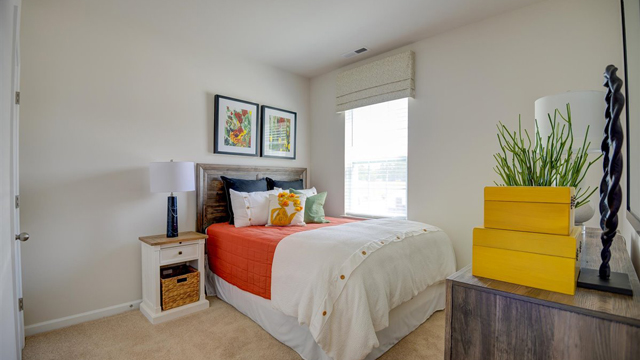 bedroom with beige carpet, white walls and a window