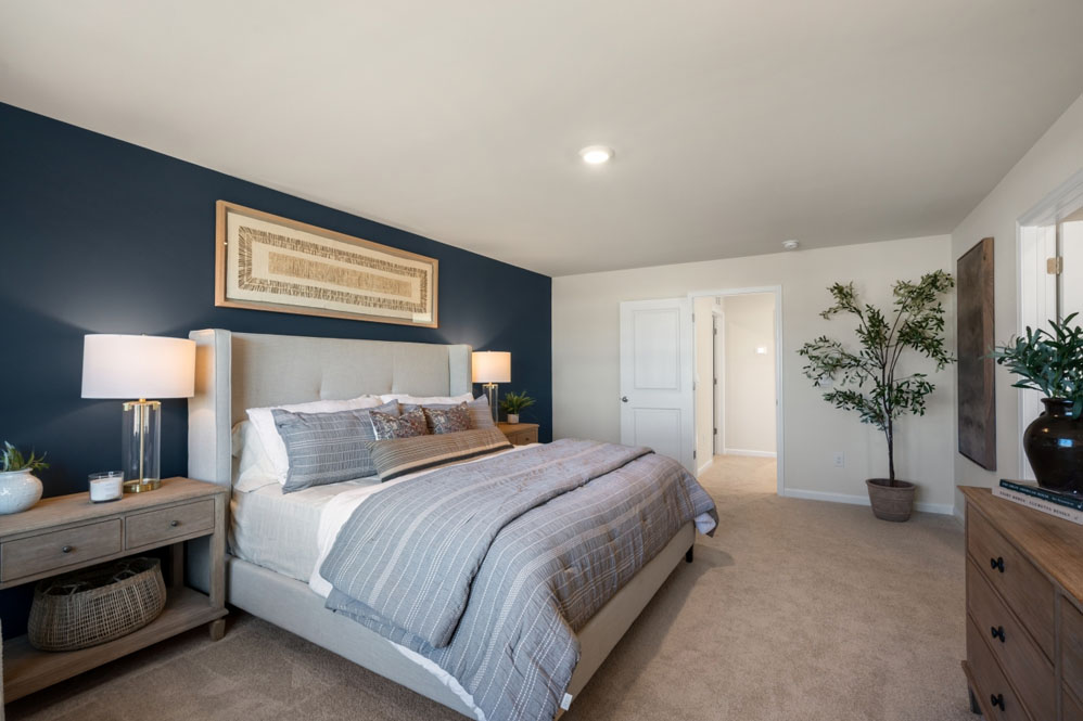Spacious primary bedroom with beige carpet, white walls and windows