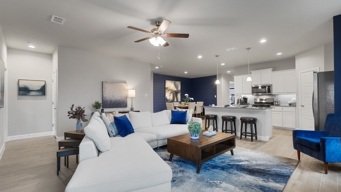 Open concept kitchen, dining, and living