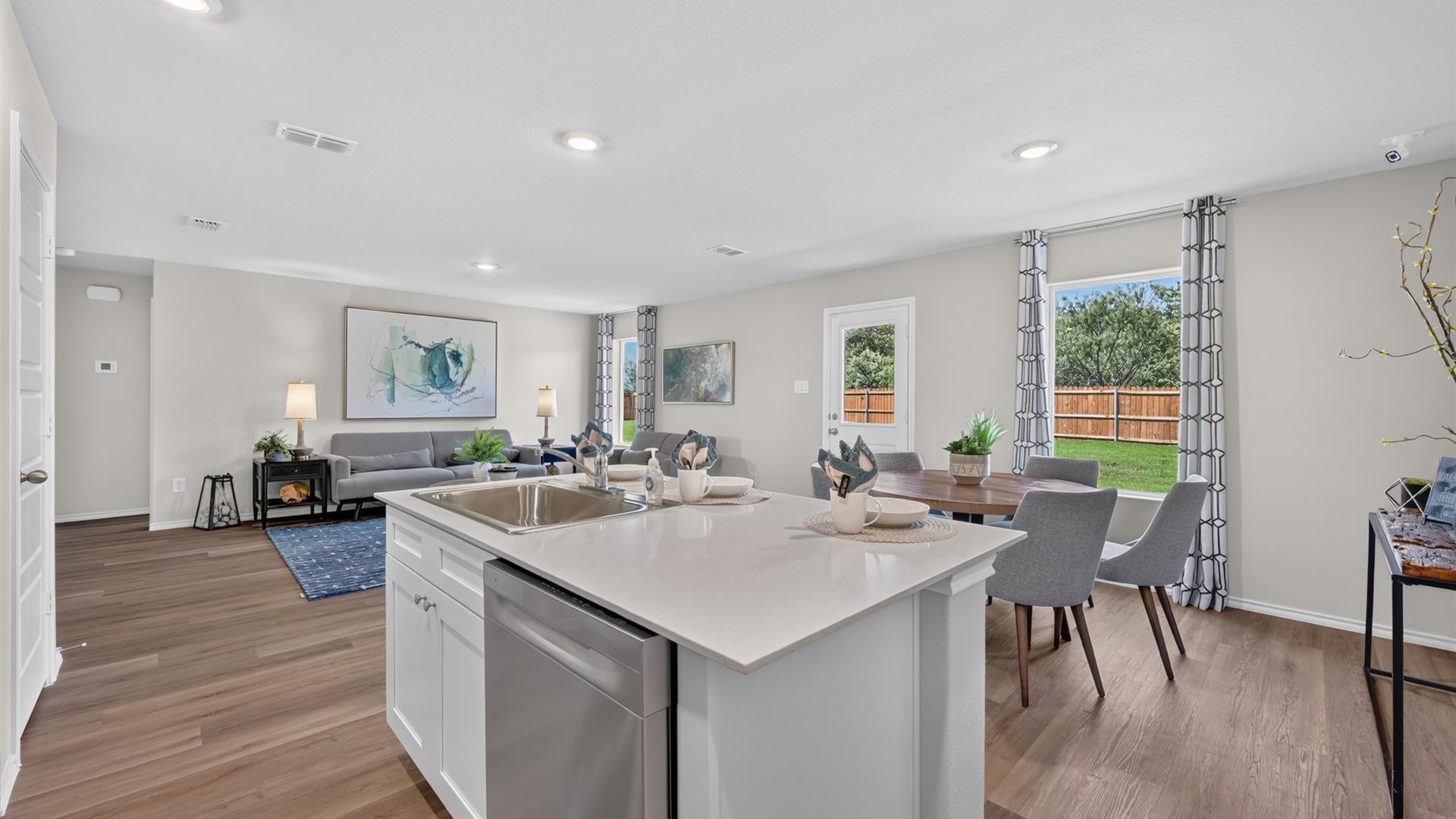 Kitchen island overlooking dining and living