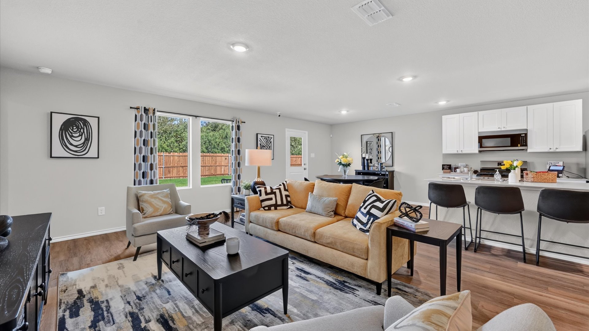 Open concept kitchen, dining, and living space
