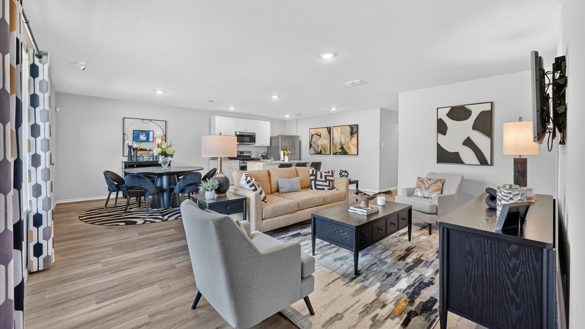 Open kitchen, dining, and living area