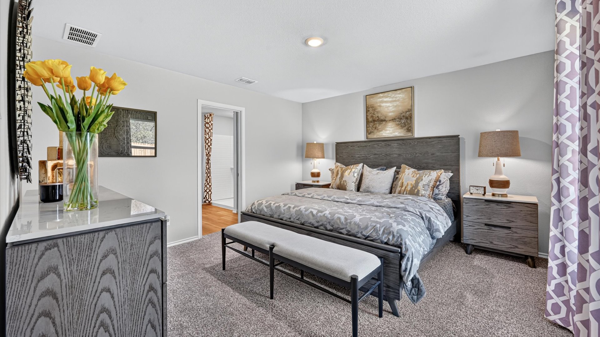 Bedroom 1 with plush carpet floors