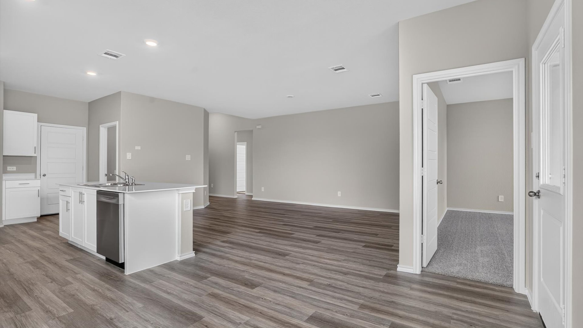 Dining, living, and kitchen