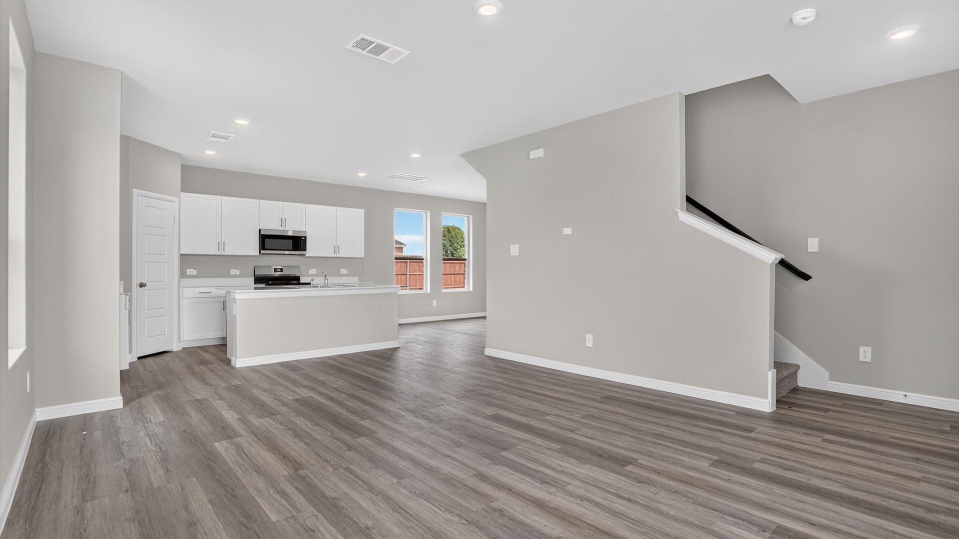 Kitchen, living, and dining area