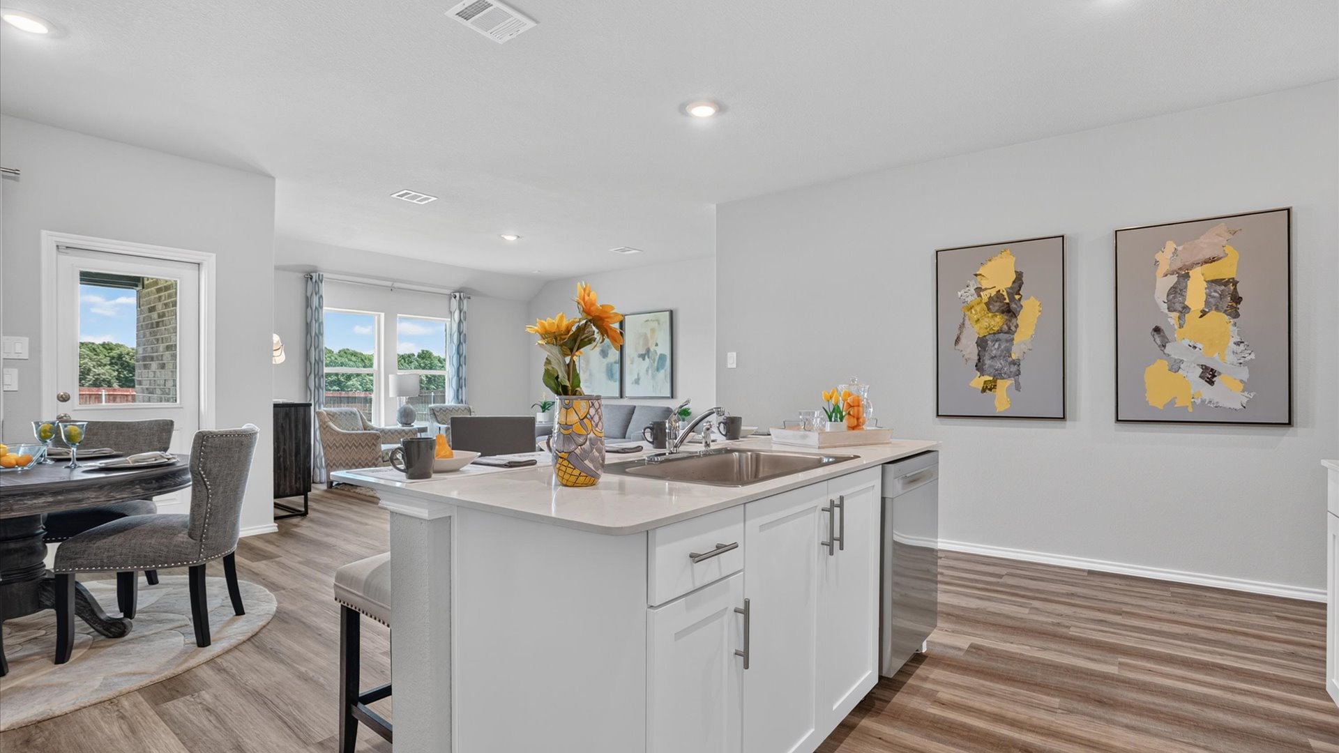 Kitchen overlooking dining and living space