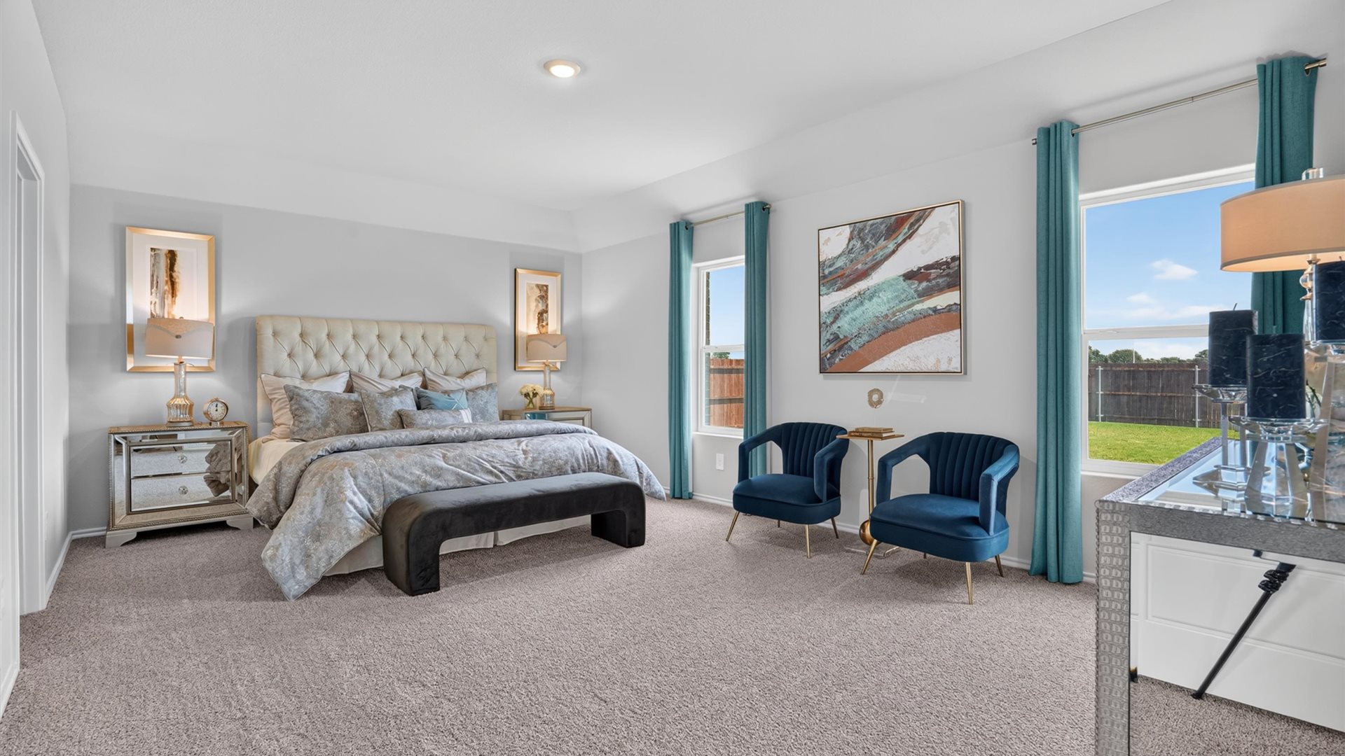 Bedroom 1 with light allowing double windows and plush carpet floors