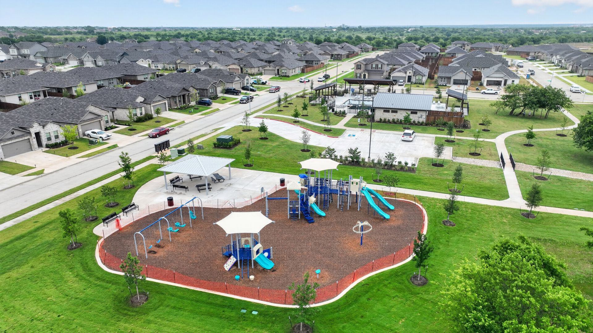 Terra Trace community playground and clubhouse from above