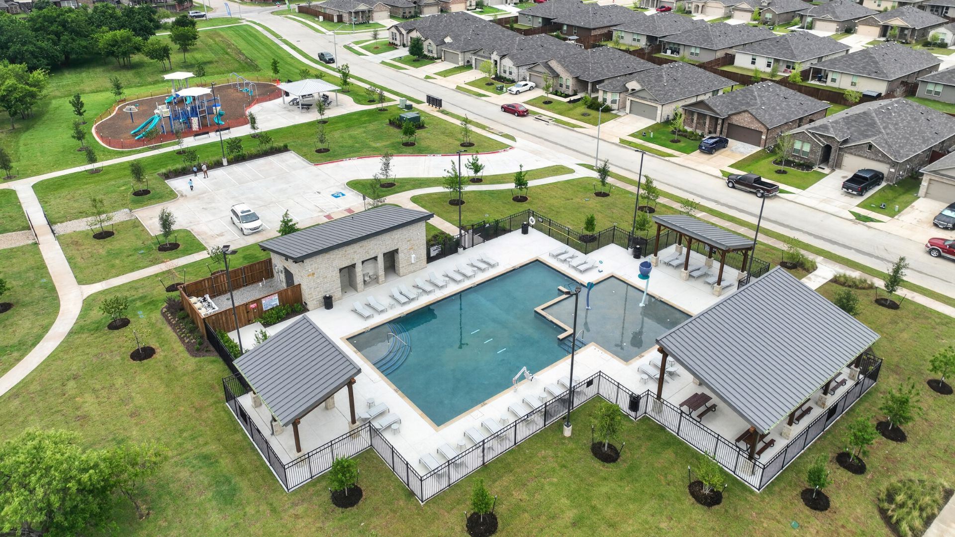 Terra Trace community pool and playground from above