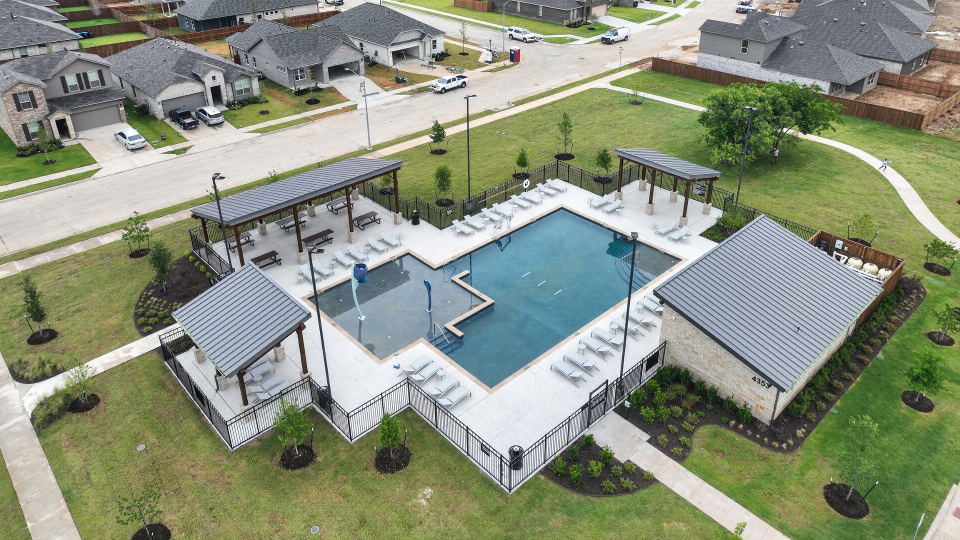 Terra Trace community pool and clubhouse from above