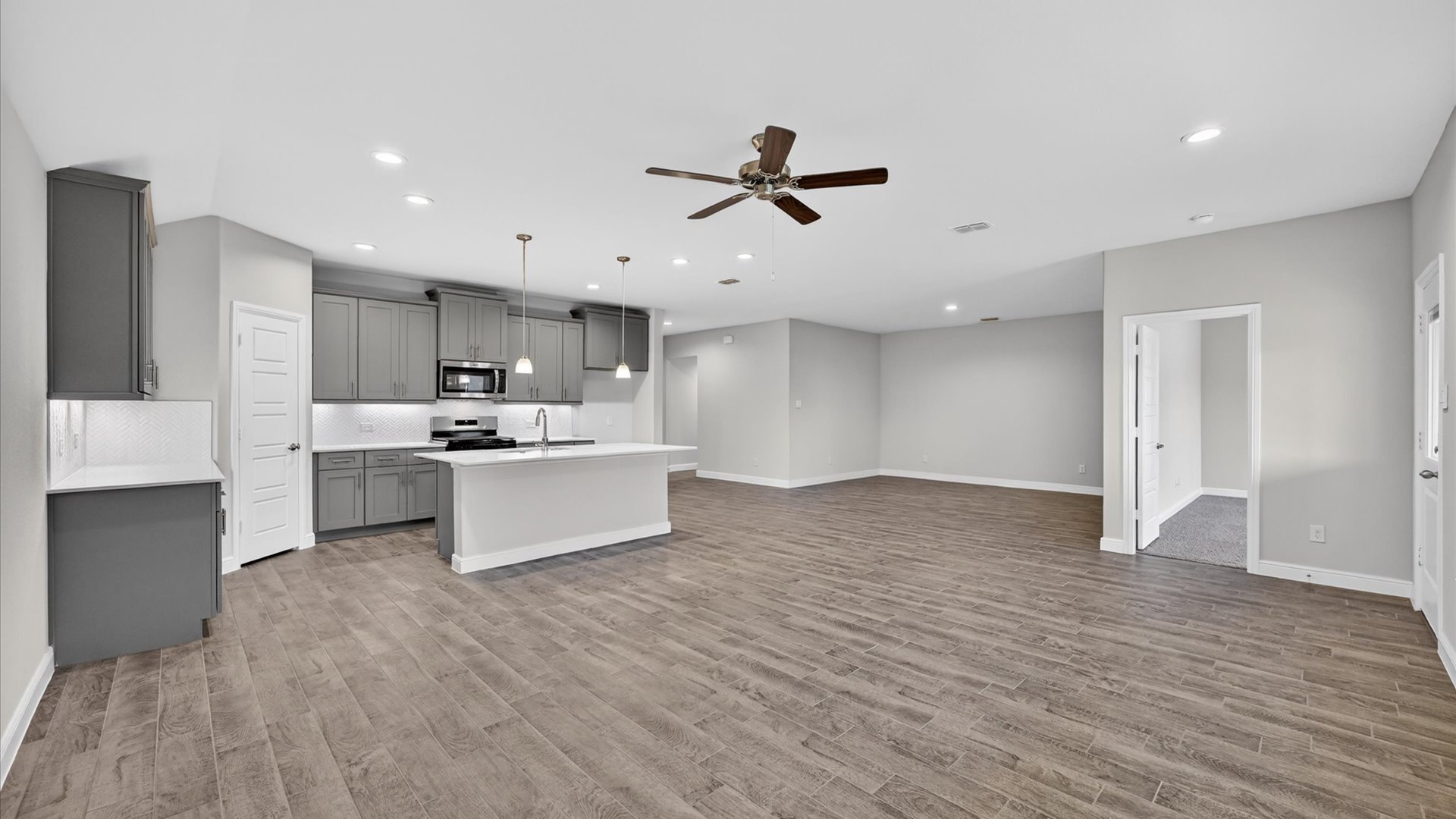 Kitchen, living, dining