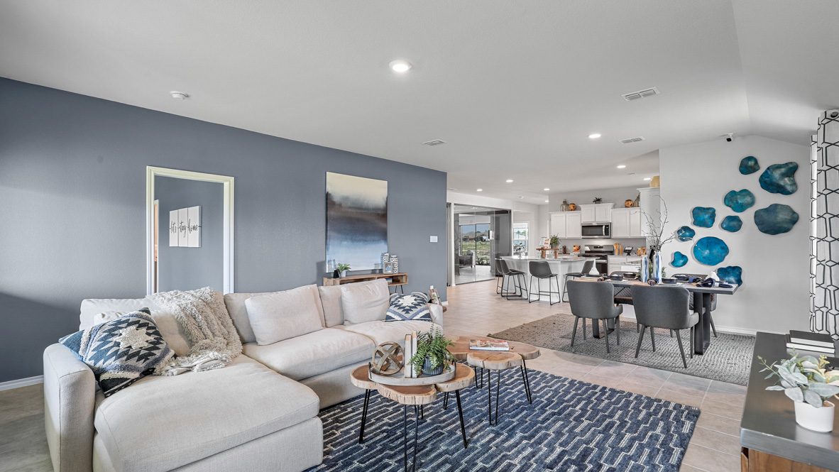 open concept kitchen, living, dining