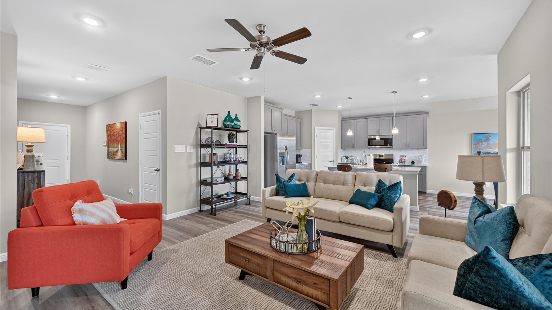 Open kitchen, dining, and living room