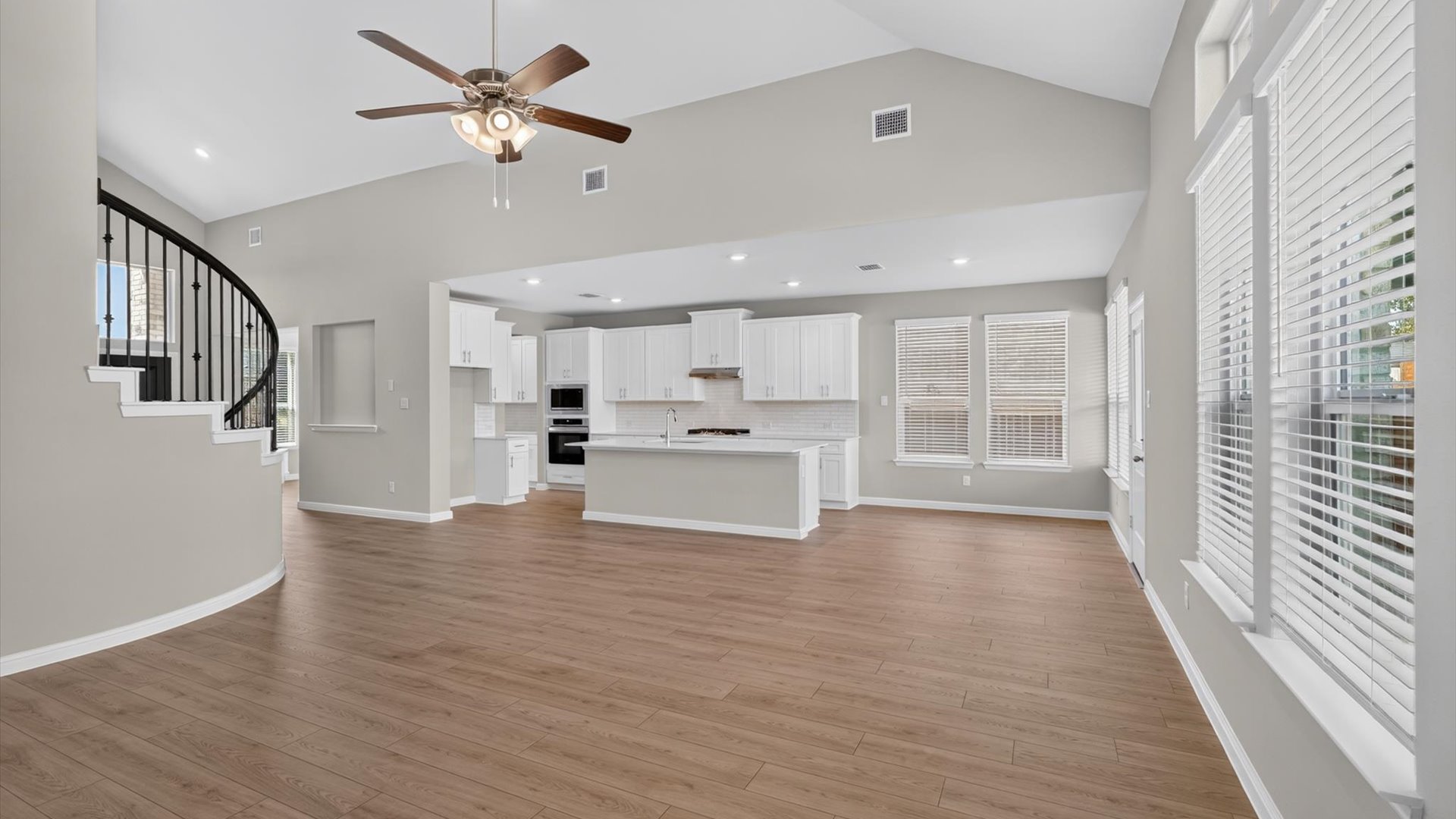 Kitchen, dining, and living room