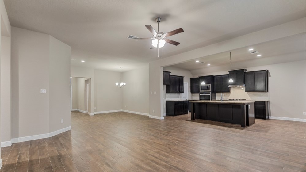 Open kitchen, dining, and living room