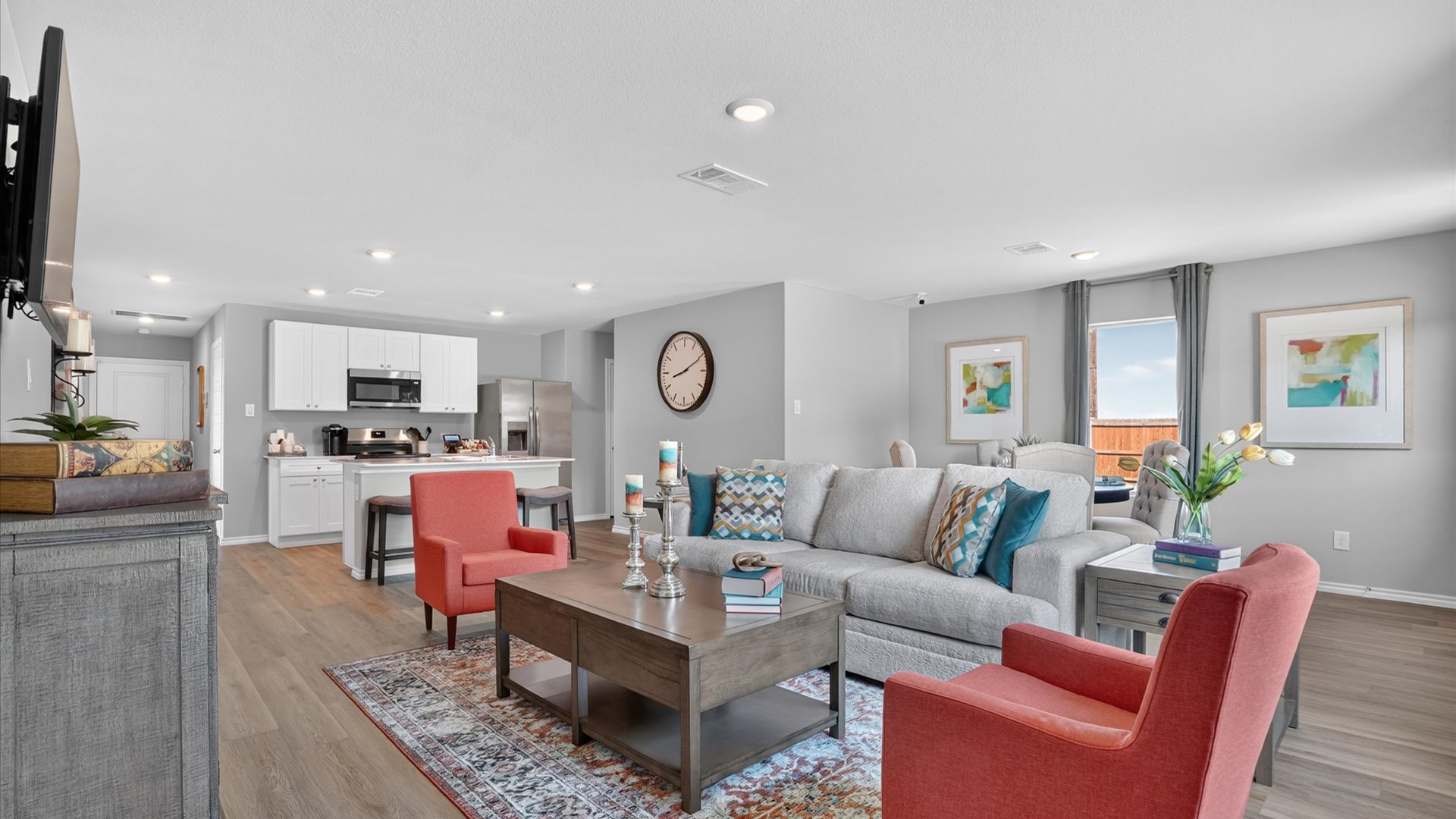 Open concept kitchen, living, and dining