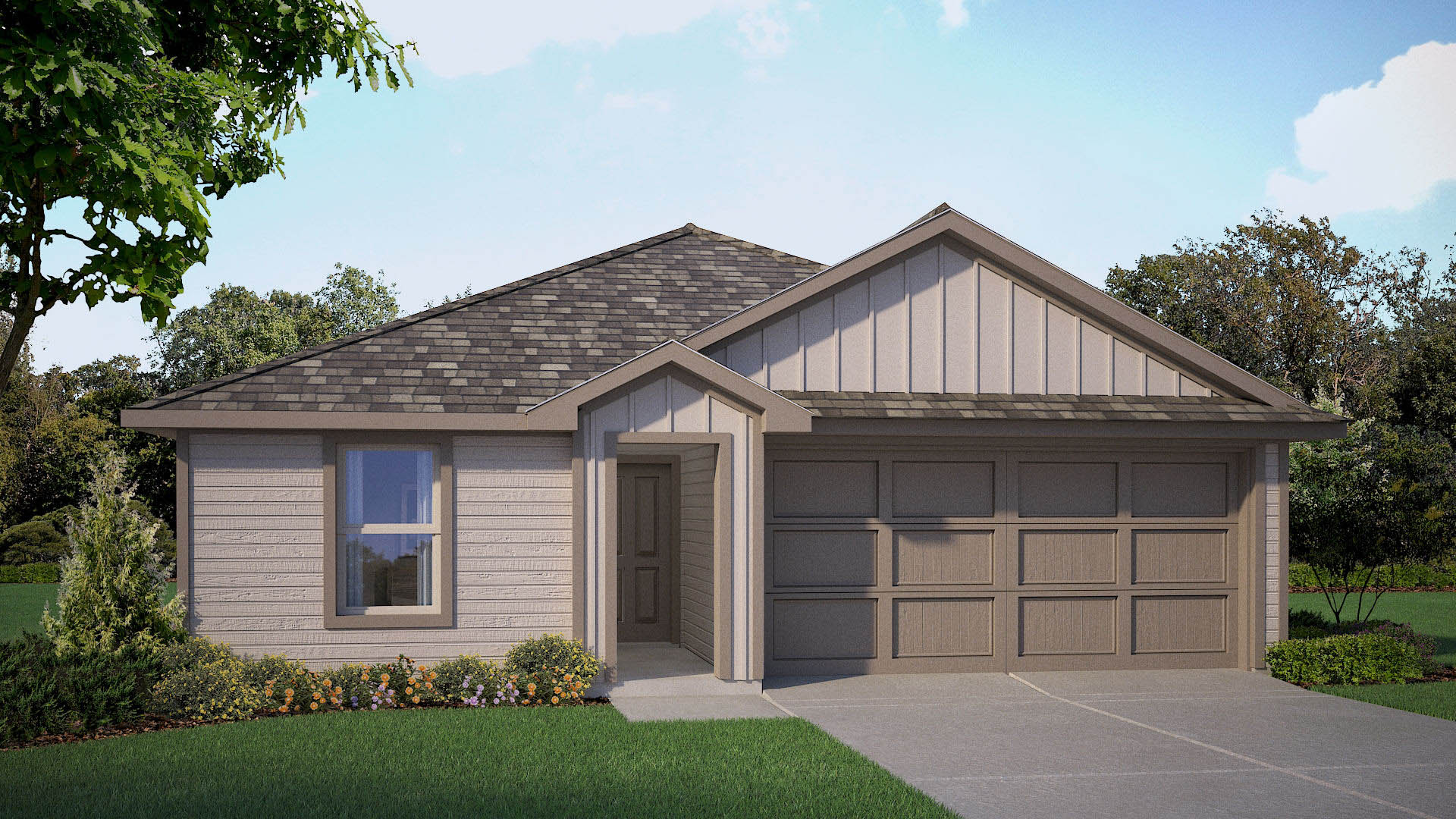 Exterior rendering of single-story Baylor elevation W home