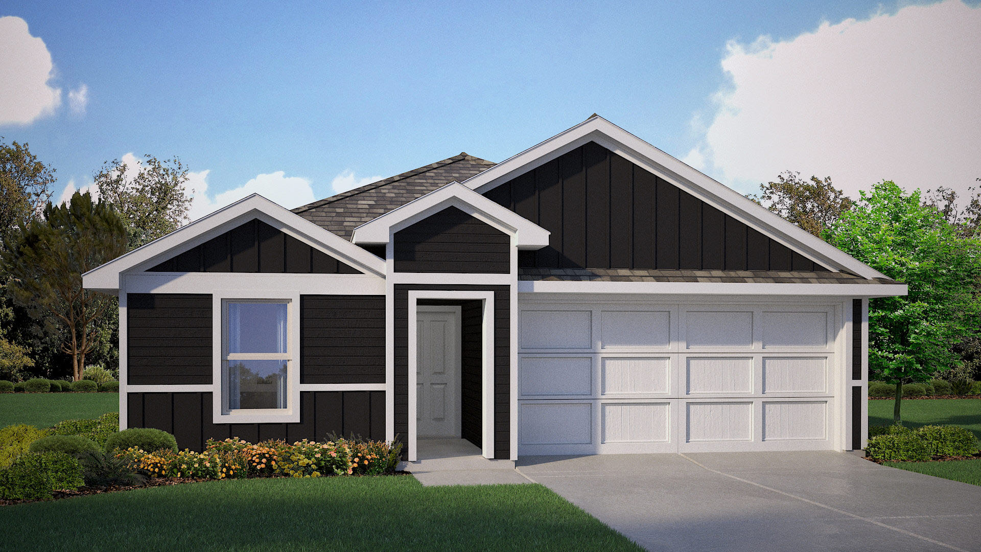 Exterior rendering of single-story Baylor elevation X home