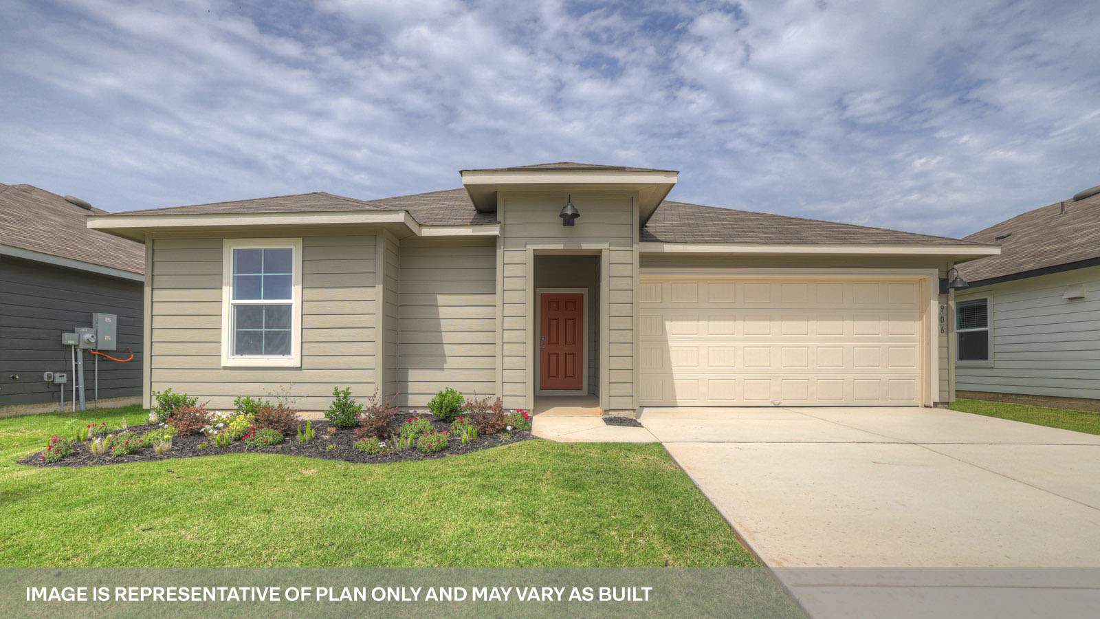 Single-story farmhouse exteriors with one window and a 2 car garage.