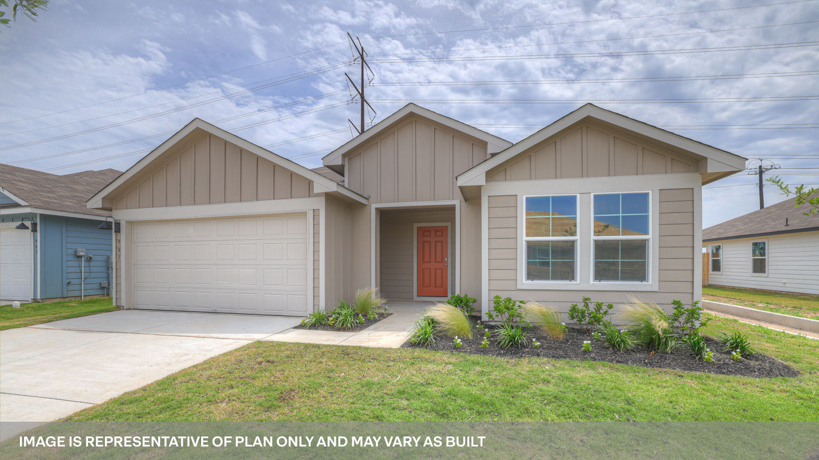 Single-story farmhouse exteriors with one window and a 2 car garage.