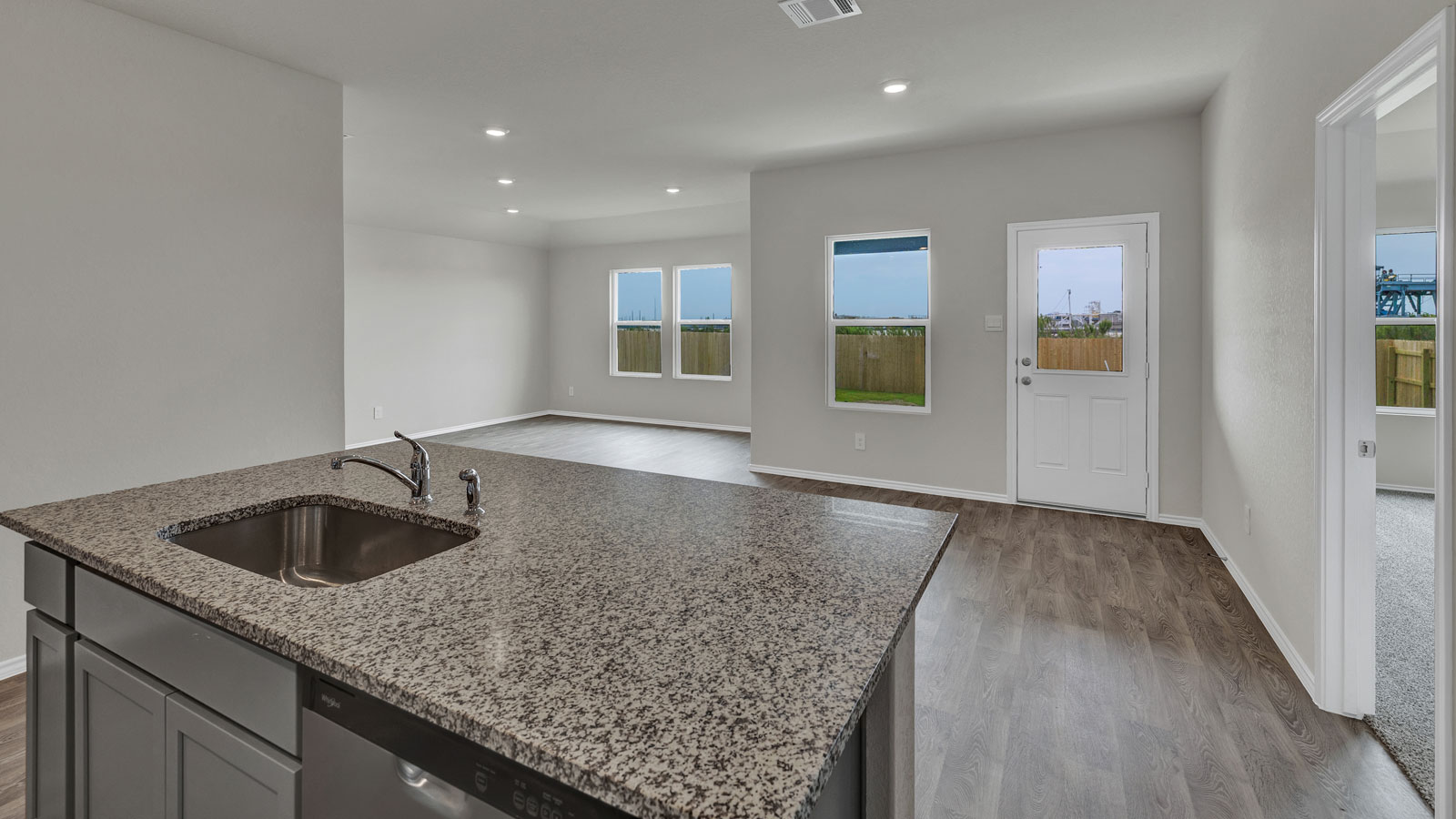 Kitchen island overlooking the dining room.