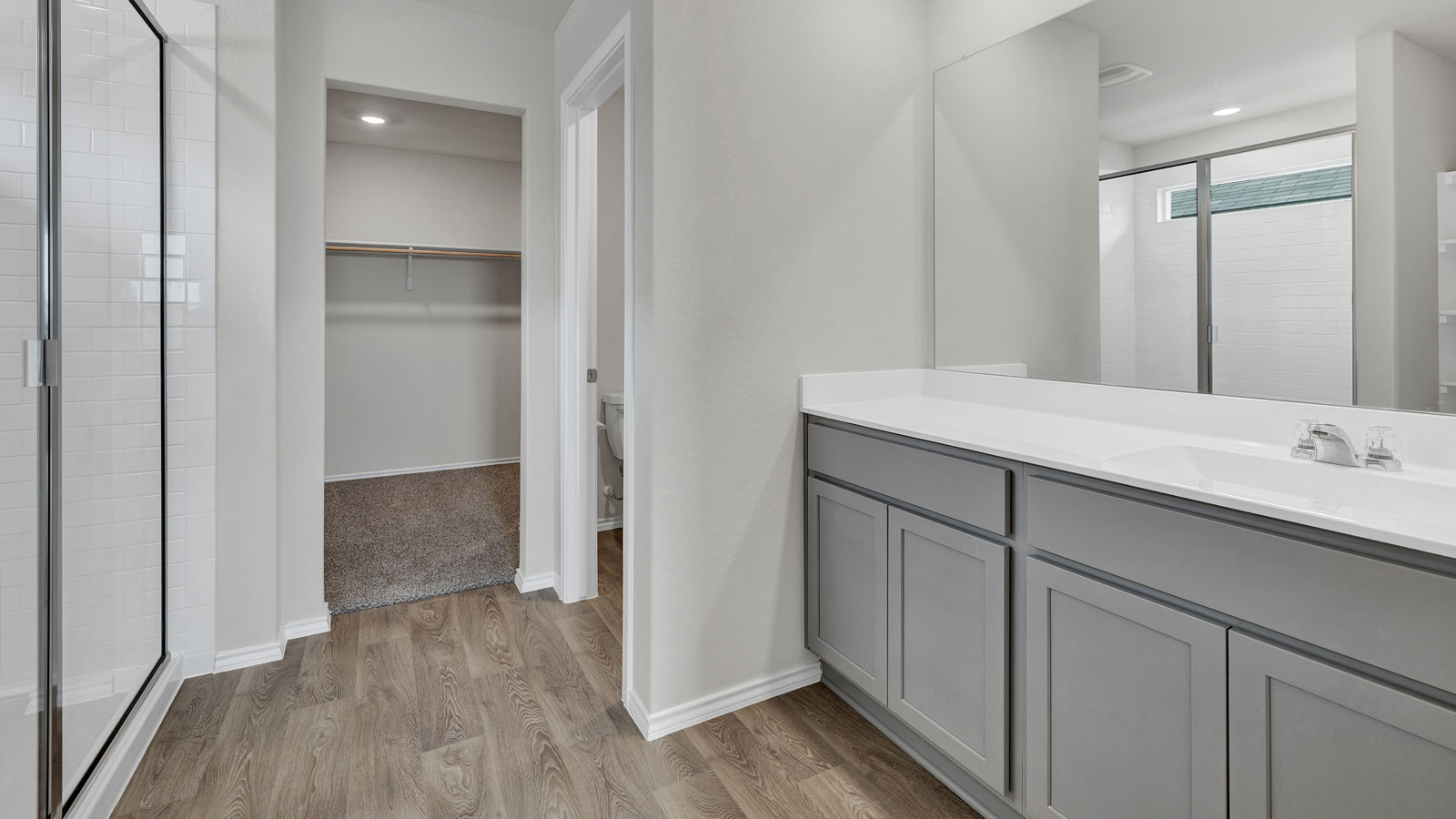 Main bathroom withwalk-in shower and vanity.