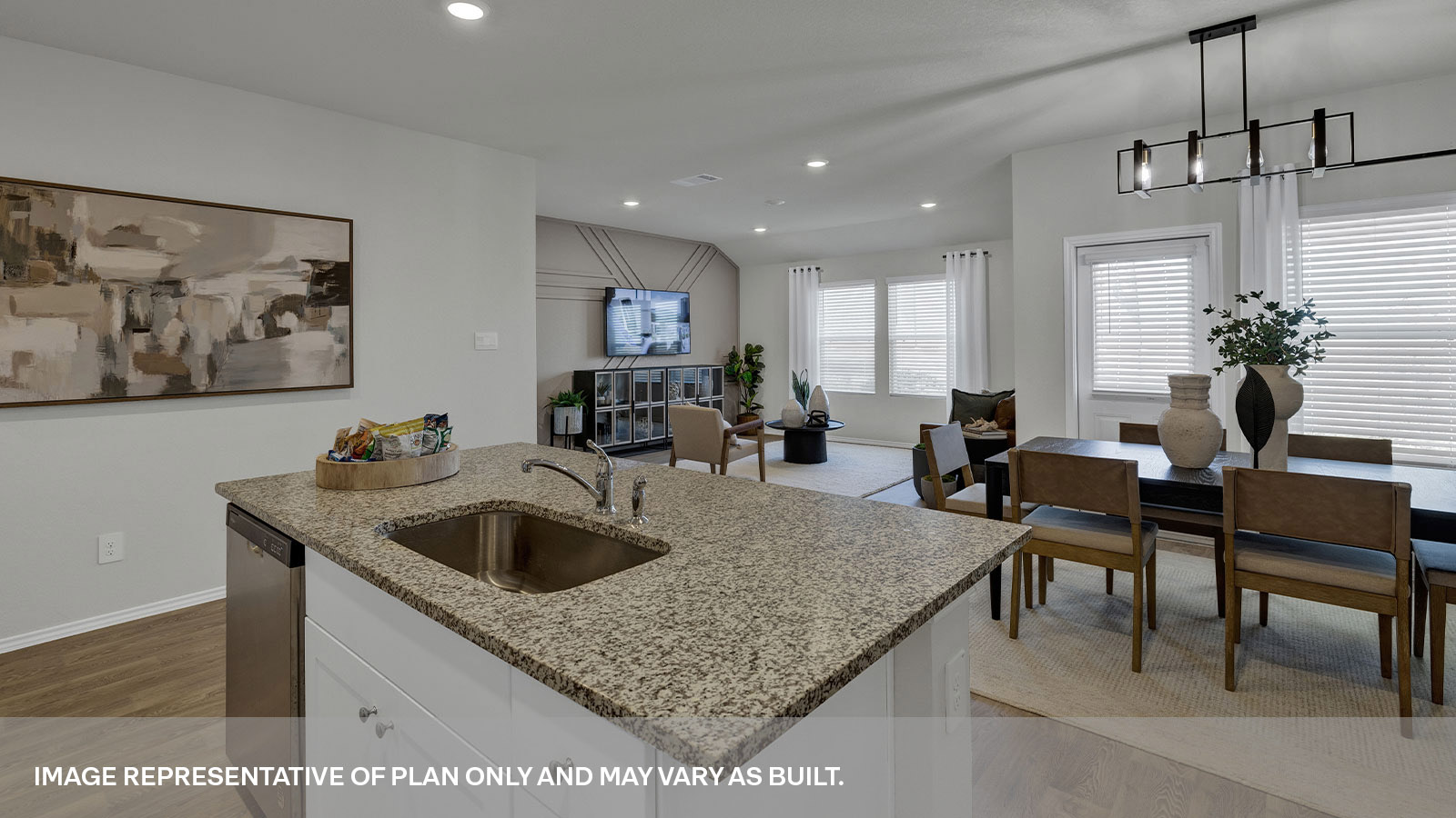 Kitchen island overlooking the living room and dining room.