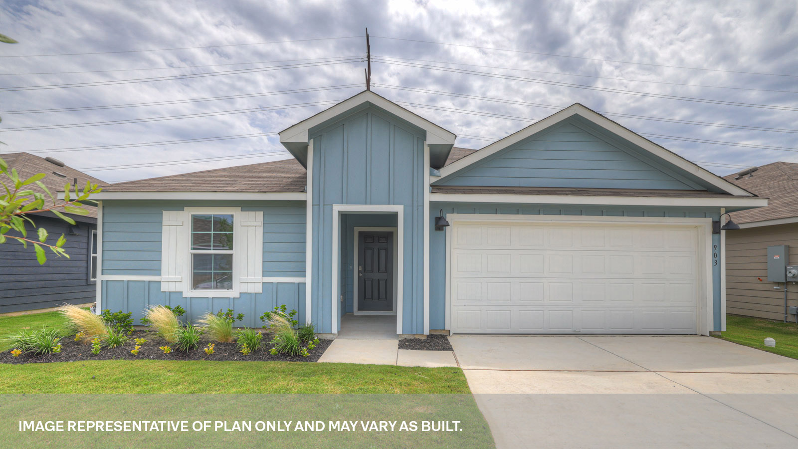 Single-story farmhouse exteriors with a 2 car garage and two windows.