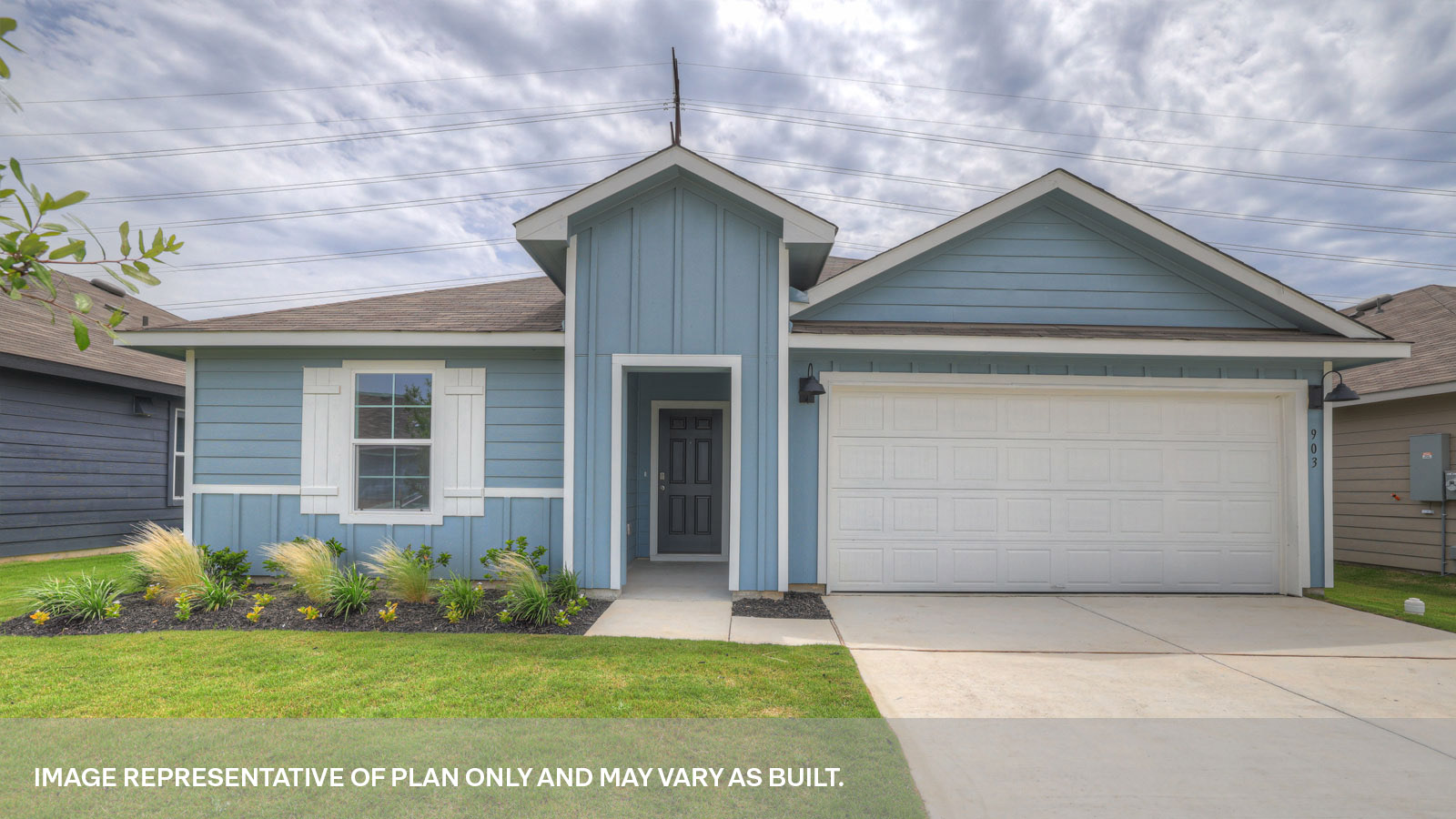 Single-story farmhouse exteriors with one windows and 2 garage door.