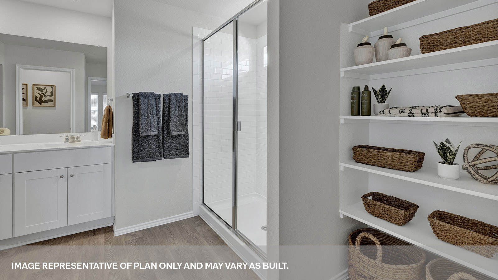 Main bathroom with wooden shelving and large walk-in shower.