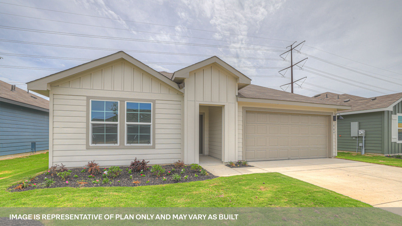 Single-story farmhouse exteriors with 2 car garage door and windows.