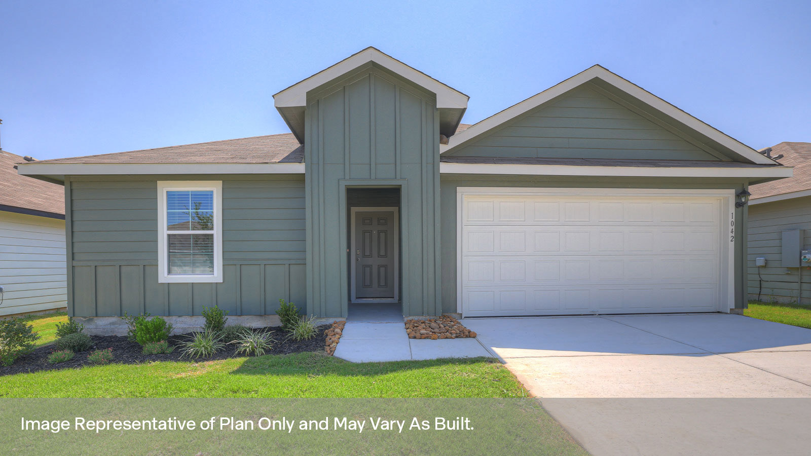 Single-story farmhouse exteriors with a 2 car garage and two windows.