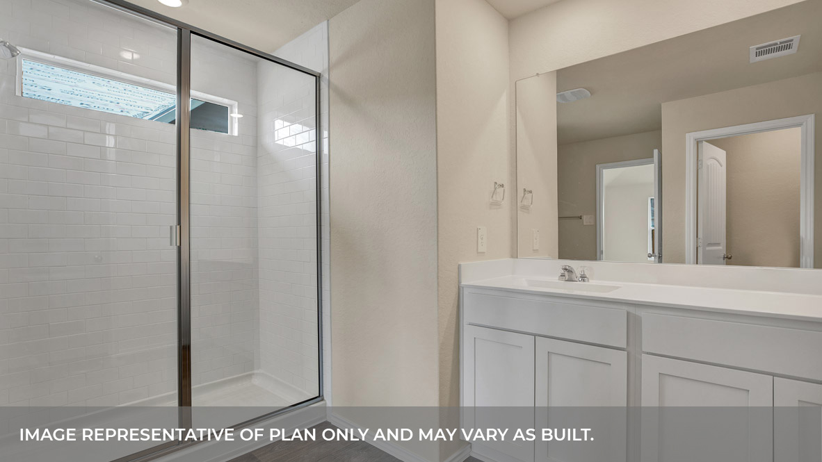 Main bathroom vanity and walk-in shower.