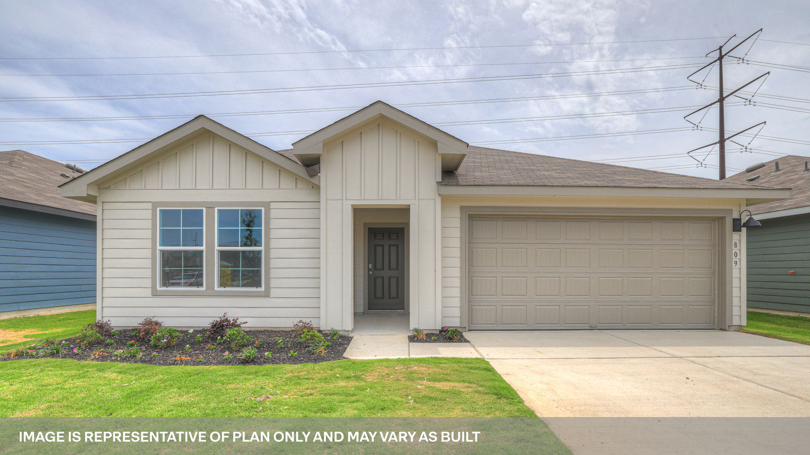 Single-story farmhouse exteriors with a 2 car garage and two windows.