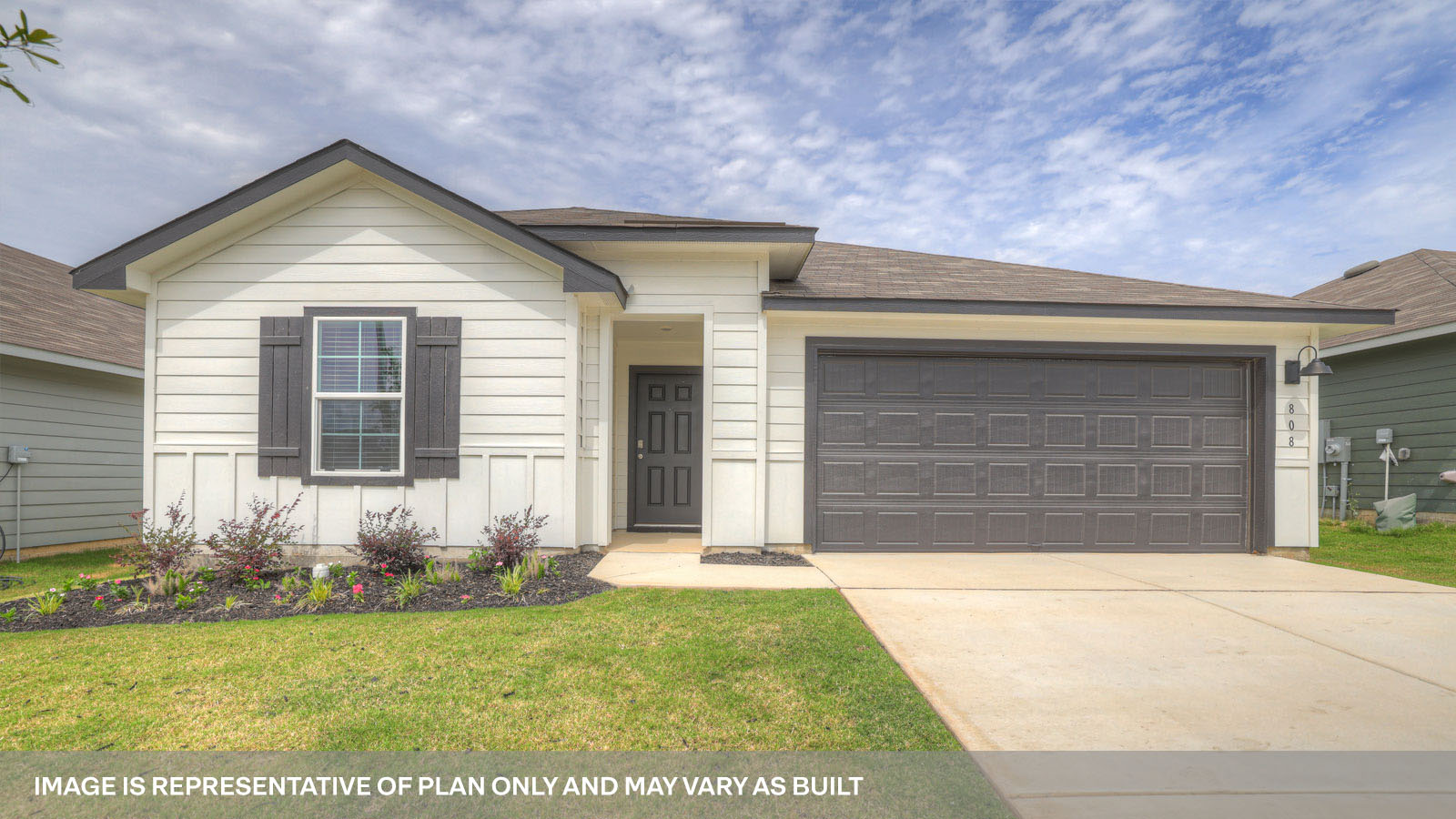 Single-story farmhouse exteriors with window and 2 car garage.