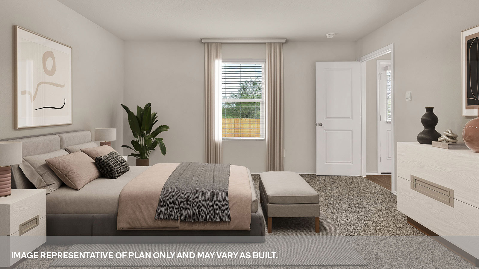 Main bedroom with bed frame, nightstands, and dresser.
