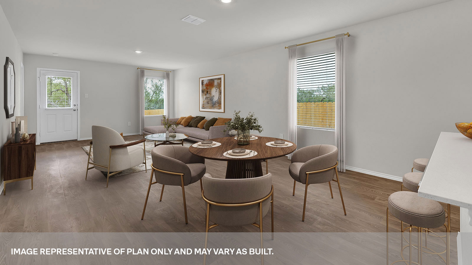 Virtually staged dining room and living room with table and chairs and couches.