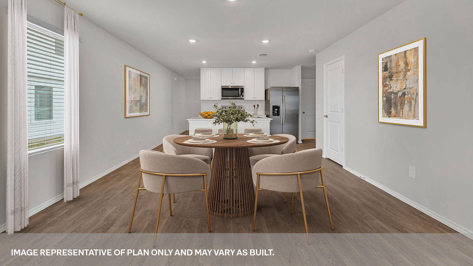 Virtually staged dining room with table and chairs.