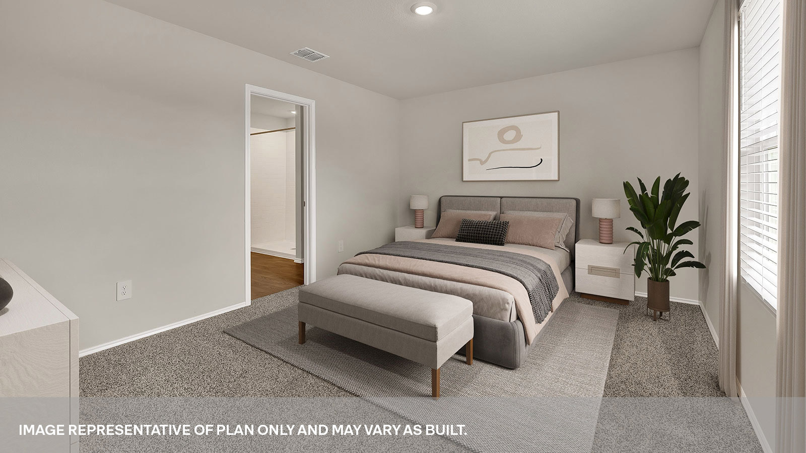 Main bedroom with bed frame, nightstands, and dresser.