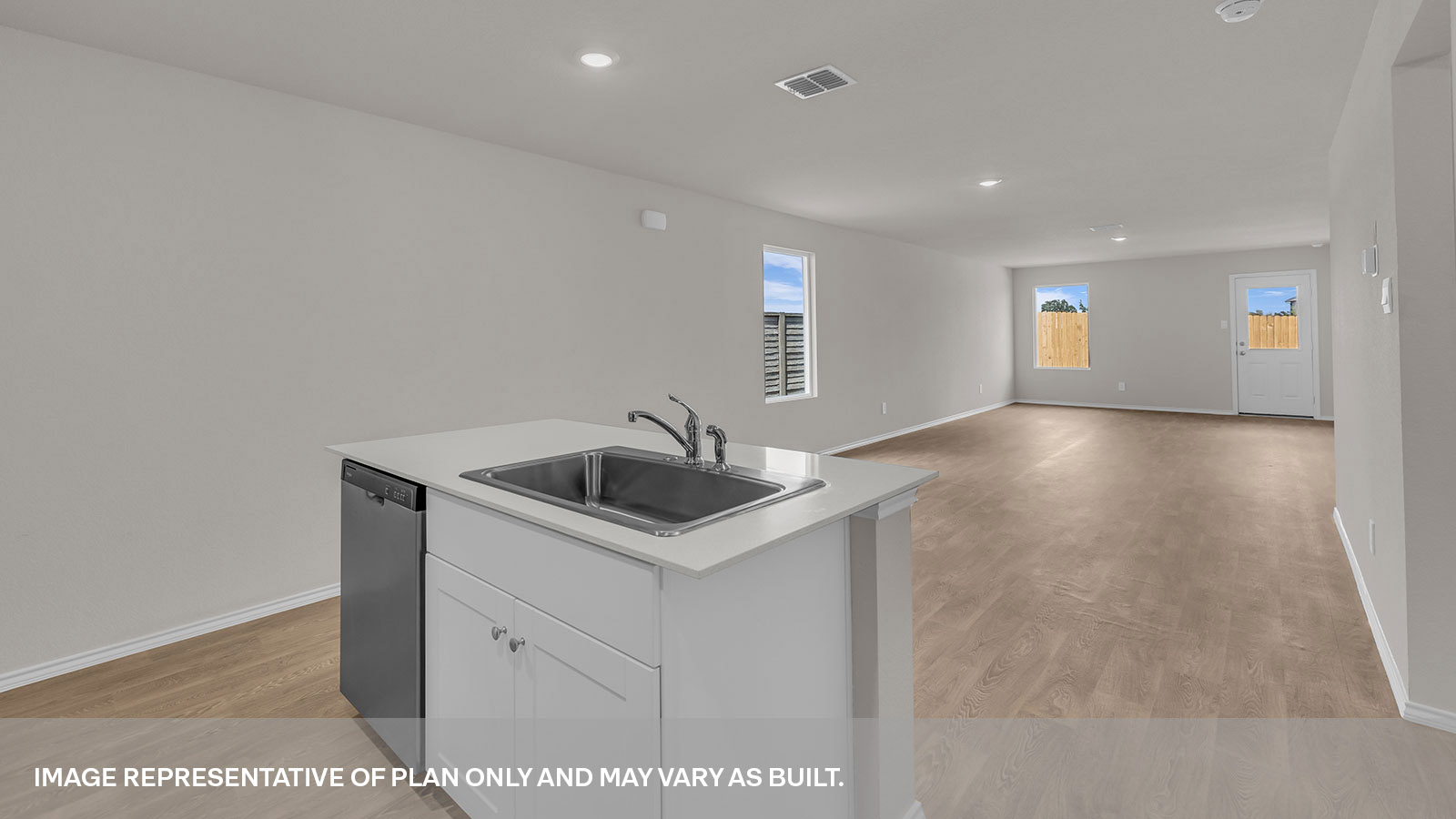 Kitchen island overlooking the dining room and living room.